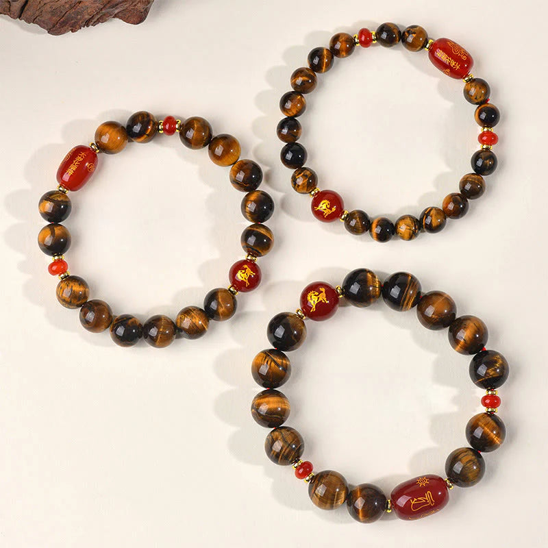 Buddha Stones 12 Chinese Zodiac Natural Tiger Eye Red Agate Protection Bracelet