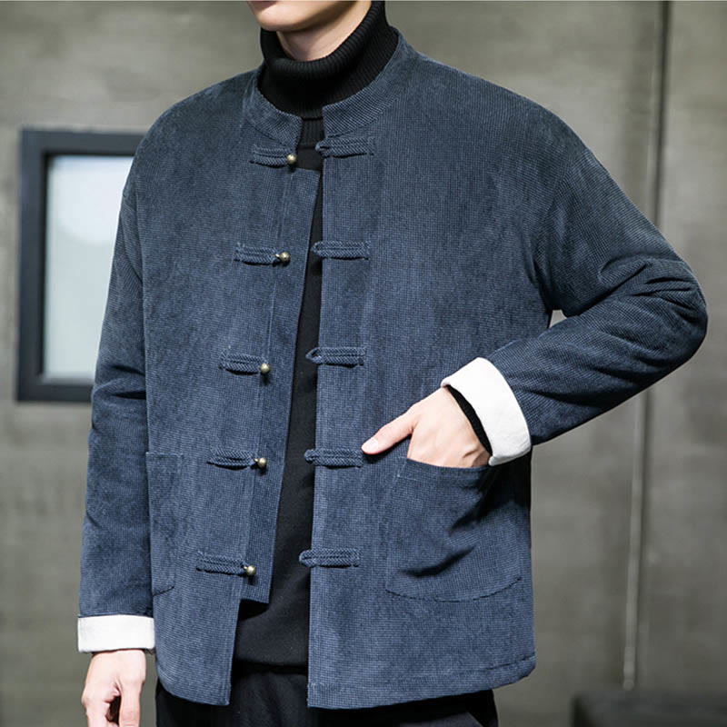 Buddha Stones Solid Color Frog-button Men's Jacket Shirt Clothing