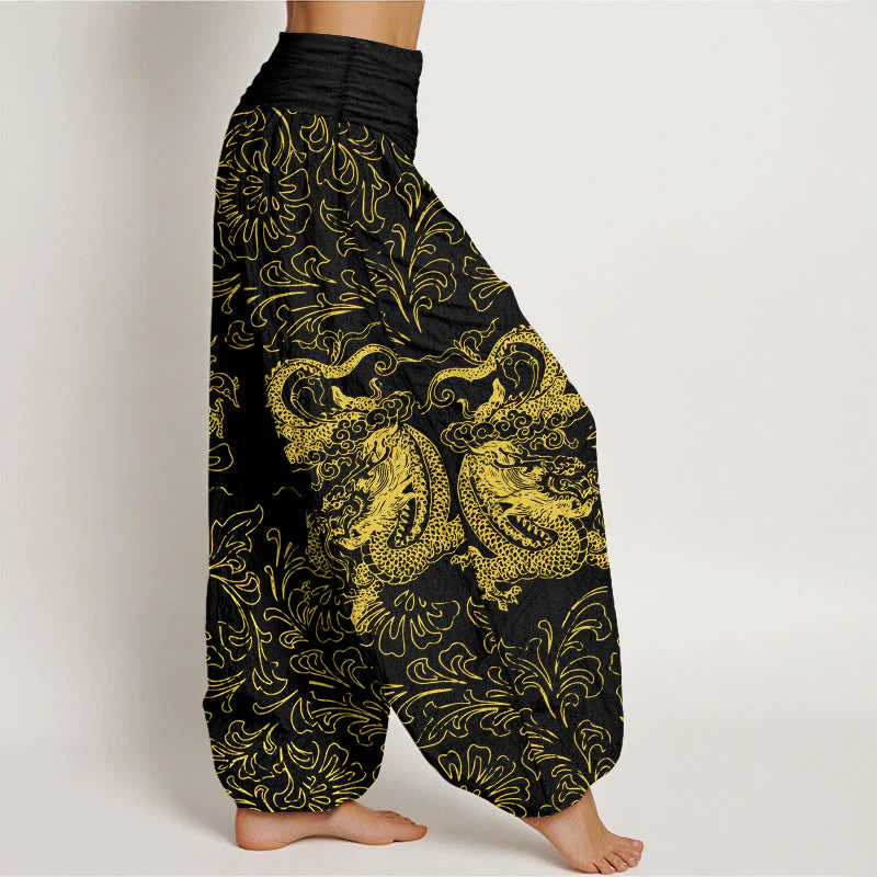 Buddha Stones Pure Cotton Dragon Floral Women's Elastic Waist Harem Pants