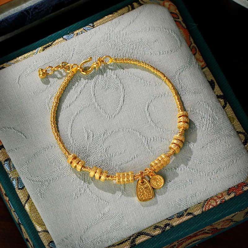 Buddha Stones 24k Gold Plated Brass Fu Character Lucky Charm Blessing Bracelet