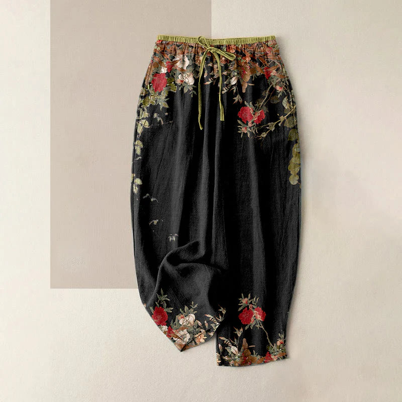 Buddha Stones Cotton Casual Red Peony Flower Vine Design Women's Elastic Waist Pants With Pockets