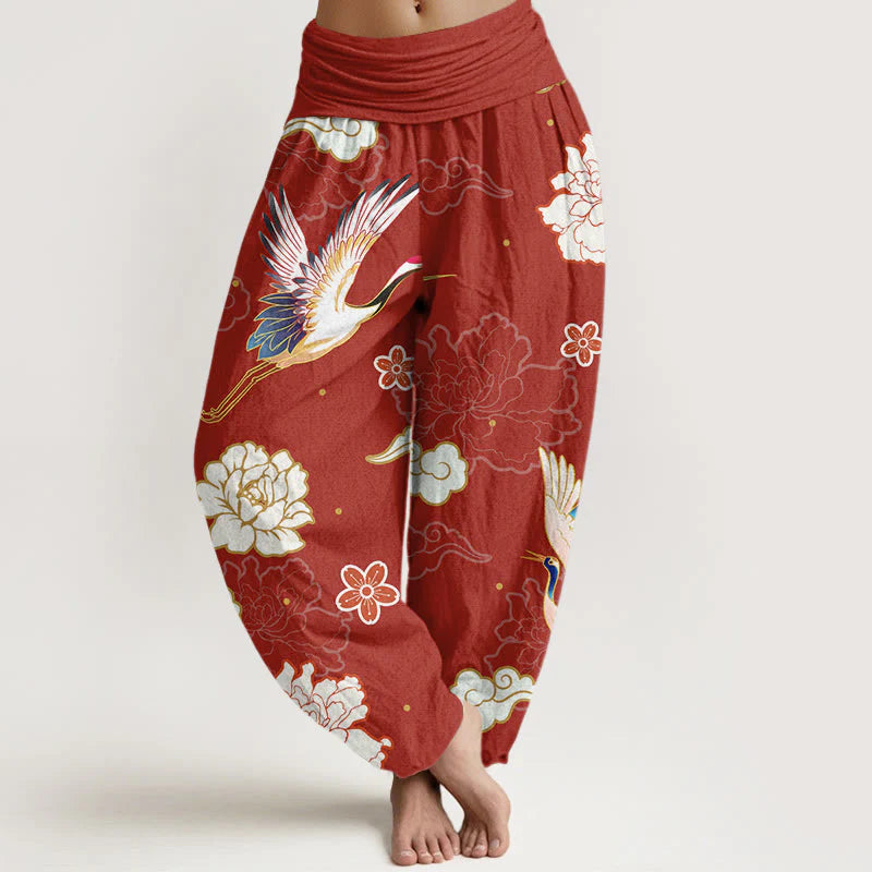 Buddha Stones Print Cranes Peonies Pattern Women's Elastic Waist Harem Pure Cotton Pants