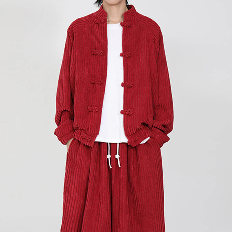 Buddha Stones Men's Chinese Plain Frog-Button Long Sleeve Cotton Corduroy Jacket With Pockets