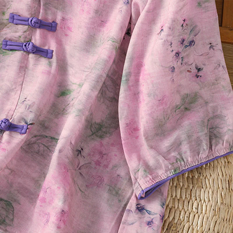Buddha Stones Printing Floral Plain Chinese Frog-Button Women's Cotton Three Quarter Sleeve Shirt