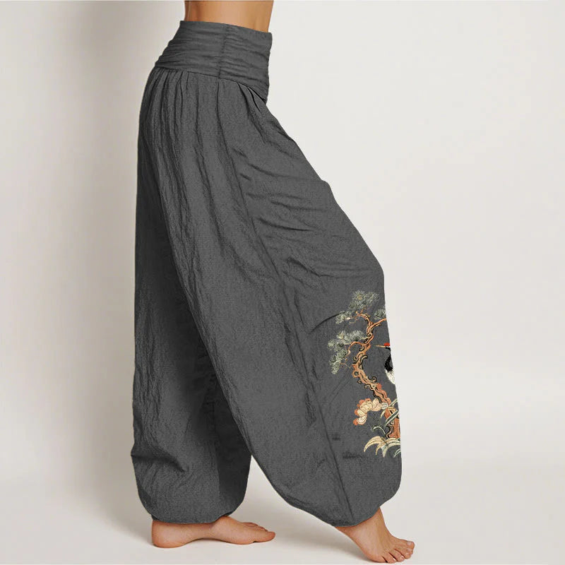 Buddha Stones Pure Cotton Crane Pine Tree Flower Grass Pattern Women's Elastic Waist Harem Pants
