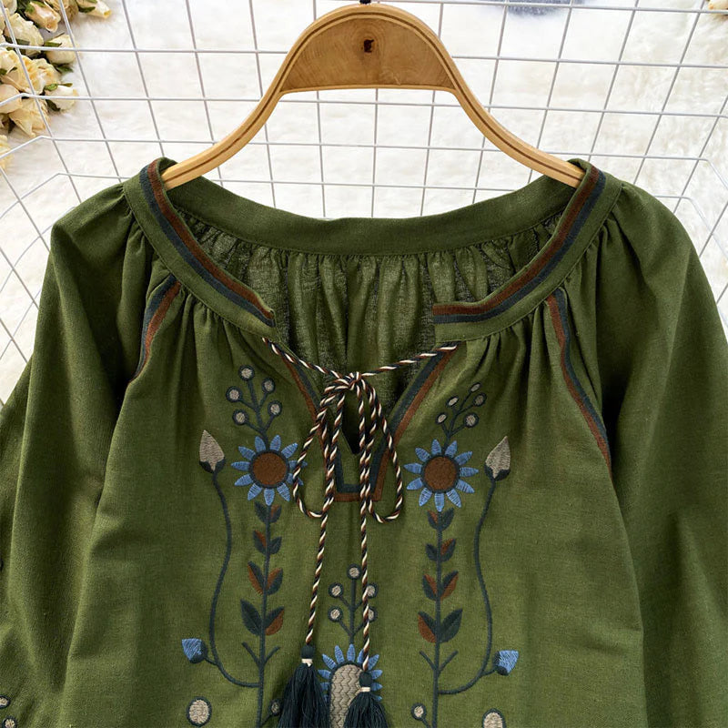 Buddha Stones Casual Embroidery Flower Leaf Pattern Women's Cotton Linen Round Neck T-shirt