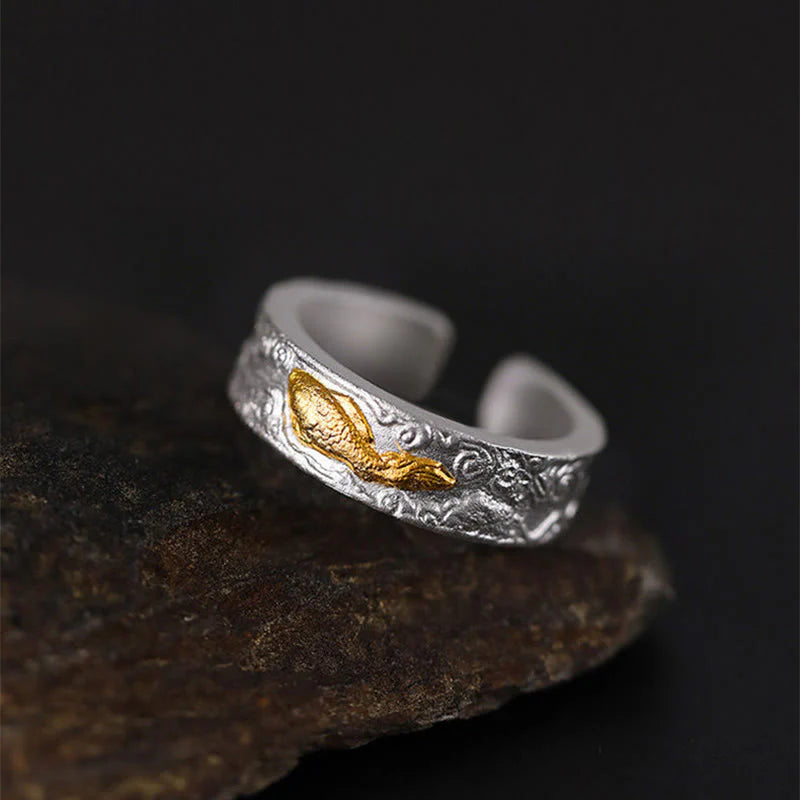 Buddha Stones 999 Sterling Silver 999 Gold Koi Fish Auspicious Clouds Luck Ring