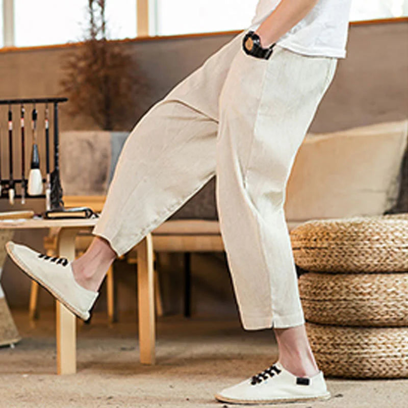 Buddha Stones Casual Solid Color Drawstring Men's Elastic Waistband Cotton Linen Pants With Pockets