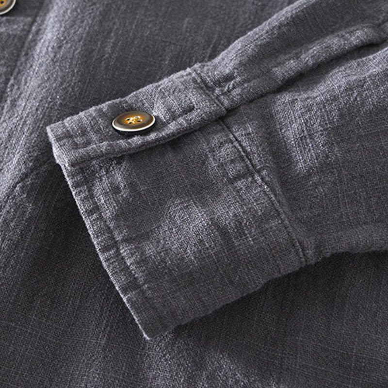 Buddha Stones Commute Plain Simple Buttons Design Men's Long Sleeve Ramie Linen Jacket With Pockets