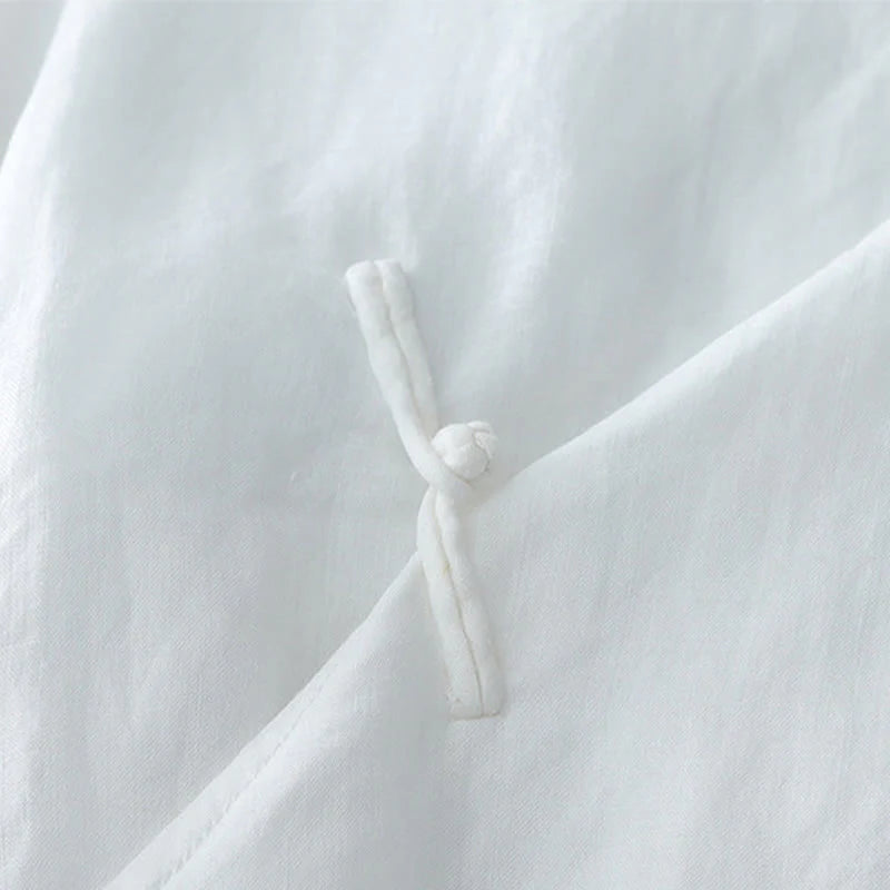 Buddha Stones Solid Color Frog-Button Three Quarter Sleeve Double Layer Cotton Linen Shirt