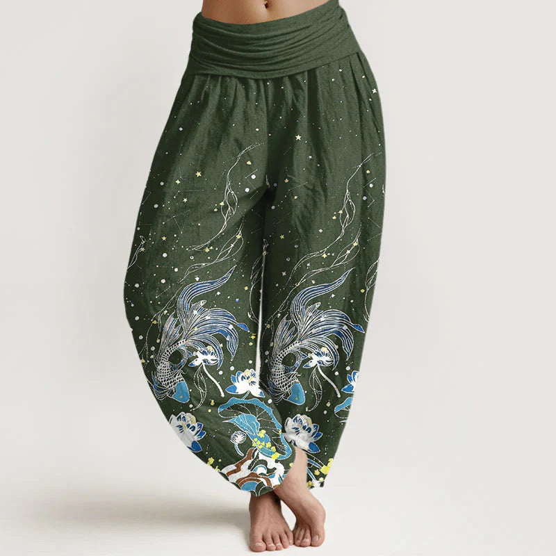 Buddha Stones Cotton Starry Sky Koi Fish Lotus Waves Pattern Women's Elastic Waist Harem Pants