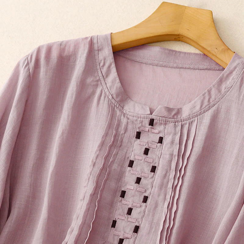 Buddha Stones Embroidery Crew Neck Pleats Women's Cotton Linen Half Sleeve T-shirt