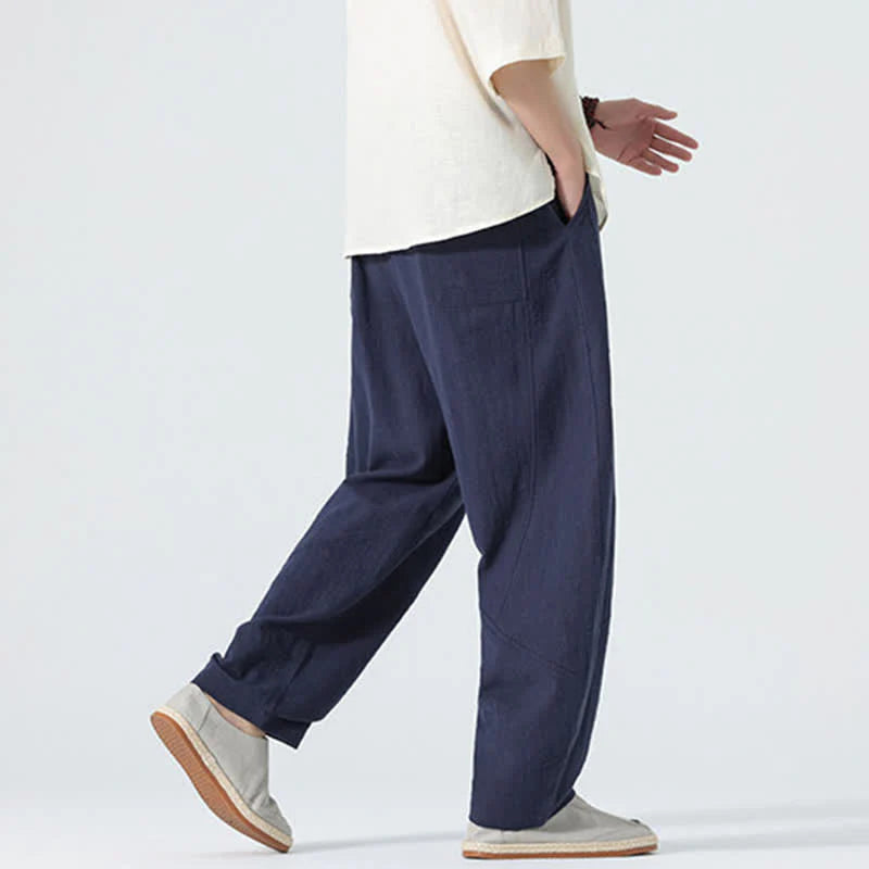 Buddha Stones Spring Pure Color Men's Cotton Drawstring Pants With Pockets
