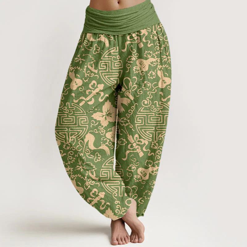 Buddha Stones Pure Cotton Chinese Character Gourd Auspicious Pattern Women's Elastic Waist Harem Pants