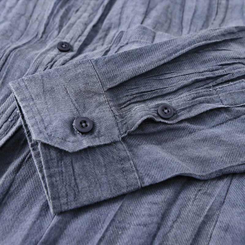 Buddha Stones Solid Long Sleeve Stand Collar Wrinkles Button Down Ramie Linen Men's Shirts