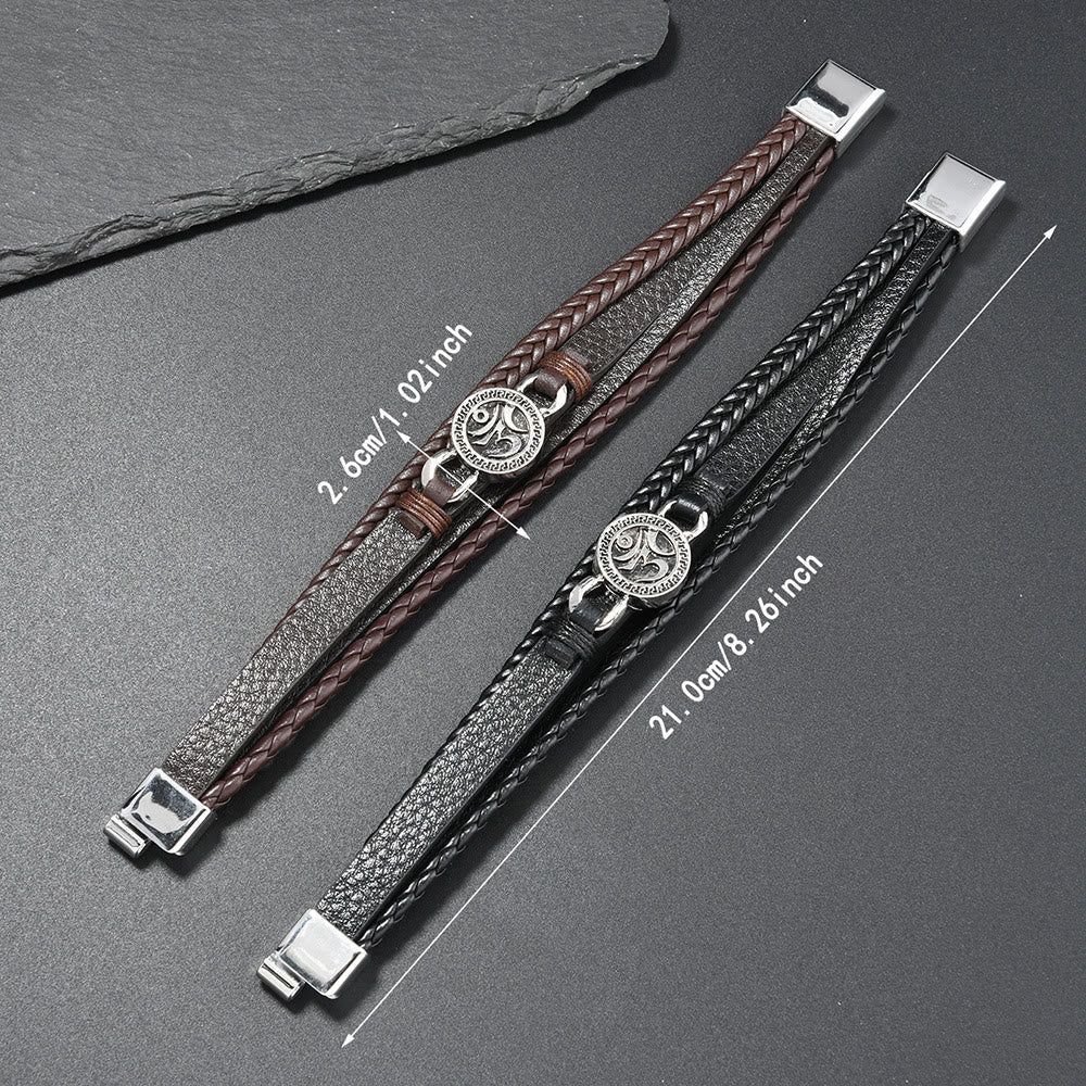Buddha Stones Om Round Engraved Multilayered Braided Retro Leather Bracelet