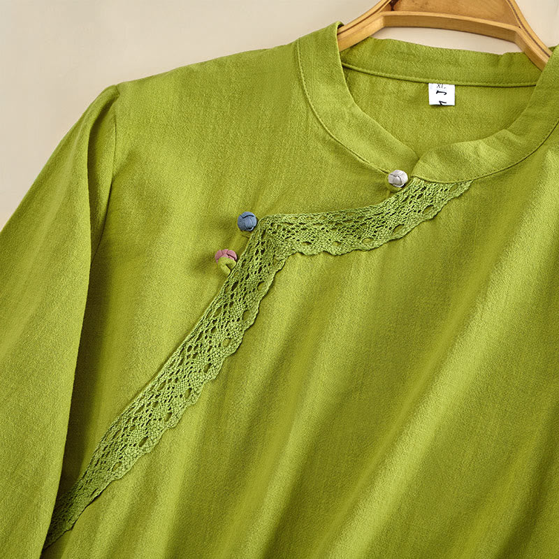 Buddha Stones Plain Crew Neck Frog-Button Long Sleeve Women's Cotton Shirt