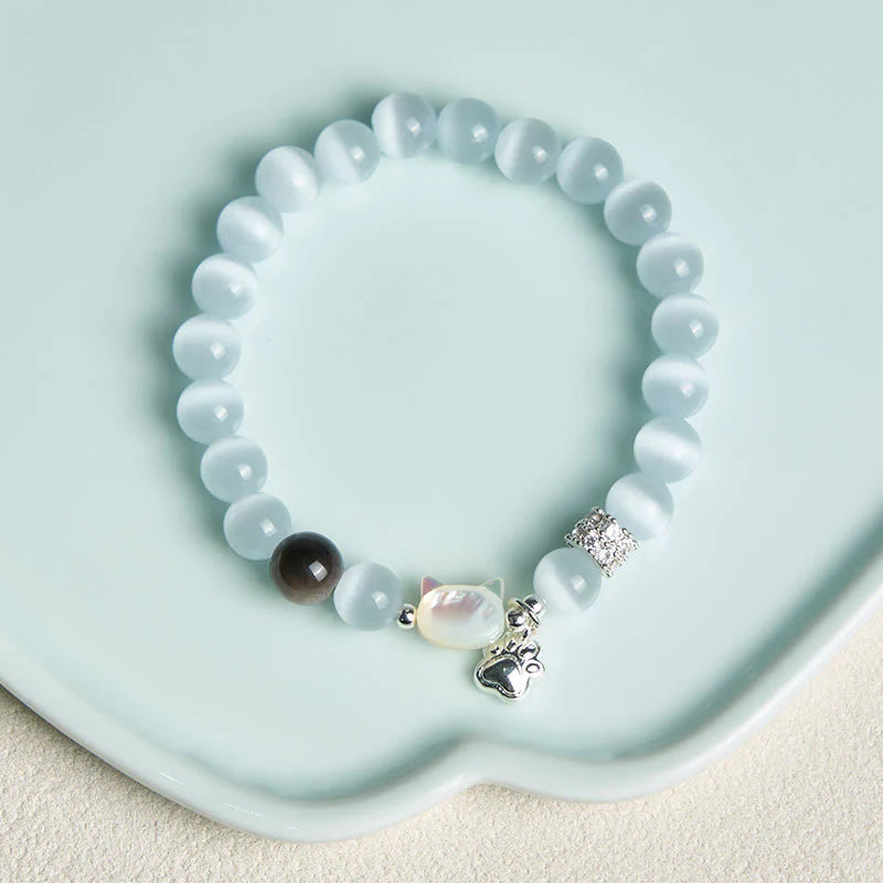 Buddha Stones Cat Head White Cat's Eye Silver Sheen Obsidian Positive Bracelet