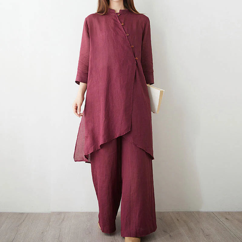 Buddha Stones Casual 2pcs Plain Three Quarter Sleeve Slanted Collar Shirt Top Wide Leg Pants With Pockets Meditation Zen Tai Chi Clothing Women's Set