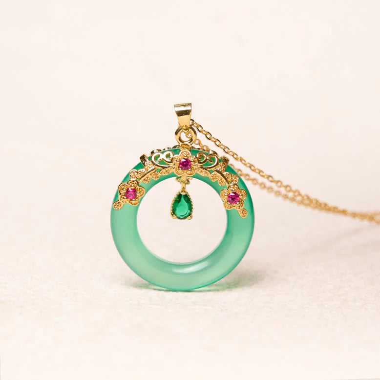 Buddha Stones Green Chalcedony Peace Buckle Design Strength Necklace Pendant