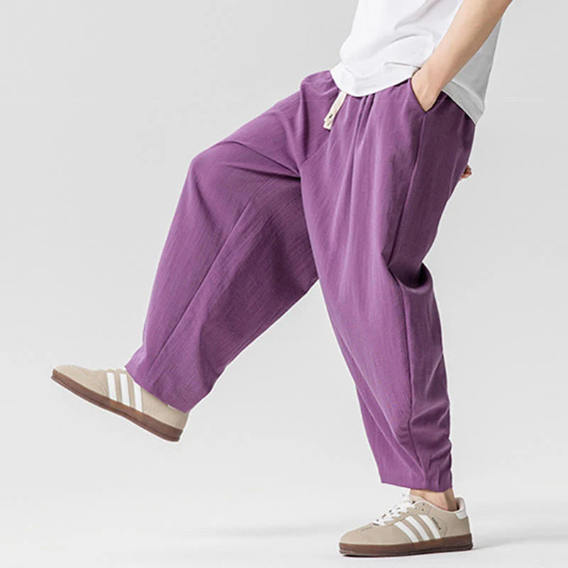Buddha Stones Summer Pure Color Drawstring Men's Cotton Ankle-Length Pants With Pockets