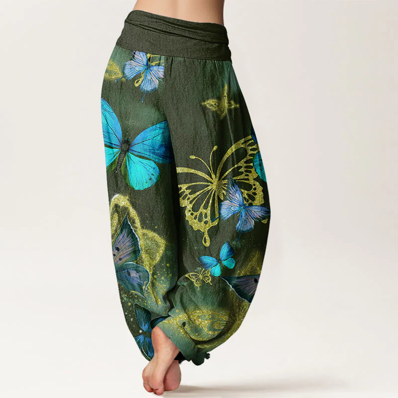 Buddha Stones Cotton Casual Butterfly Gold Pattern Women's Elastic Waist Harem Pants