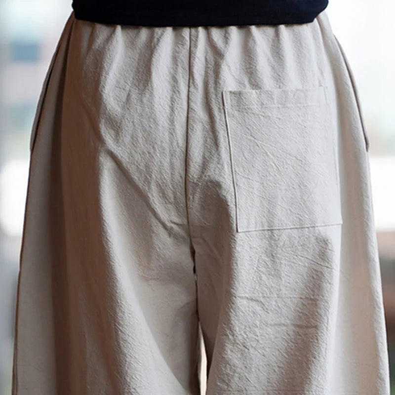 Buddha Stones Summer Plain One Chinese Frog-Button Straight Leg Design Men's Cotton Linen Pants With Pockets