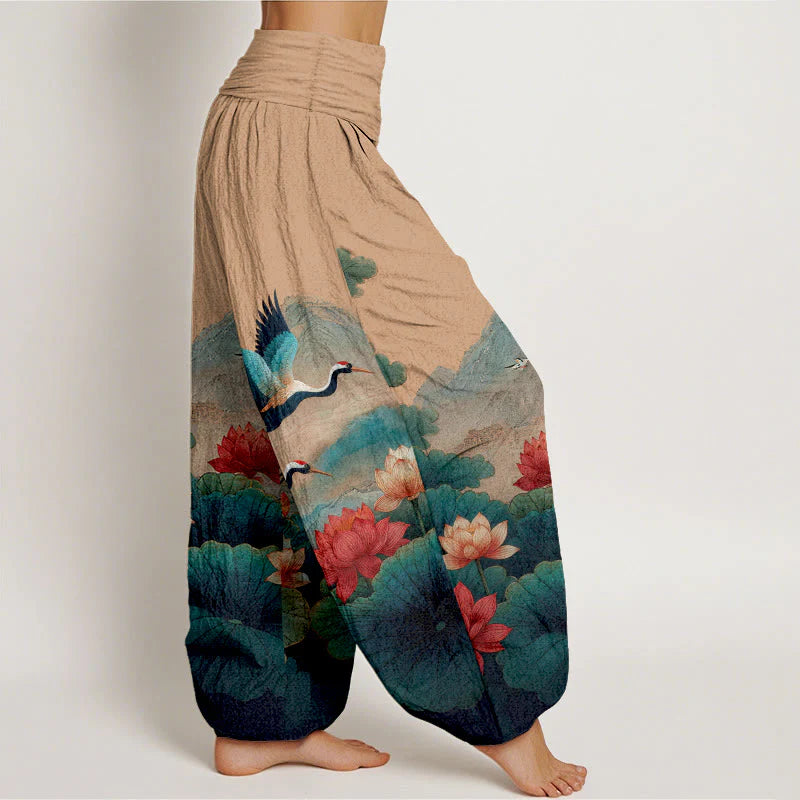 Buddha Stones Cotton Classical Lotus Flower Leaf Crane Mountain Pattern Women's Elastic Waist Harem Pants
