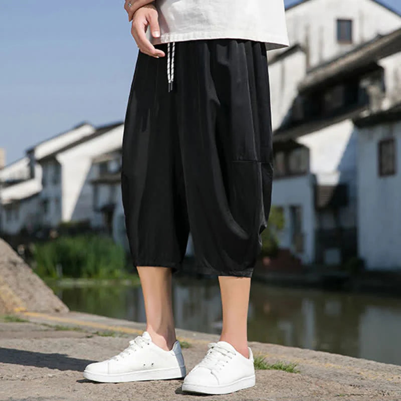 Buddha Stones Summer Elastic Waist Drawstring Solid Color Half Men's Tapered Pants With Pockets