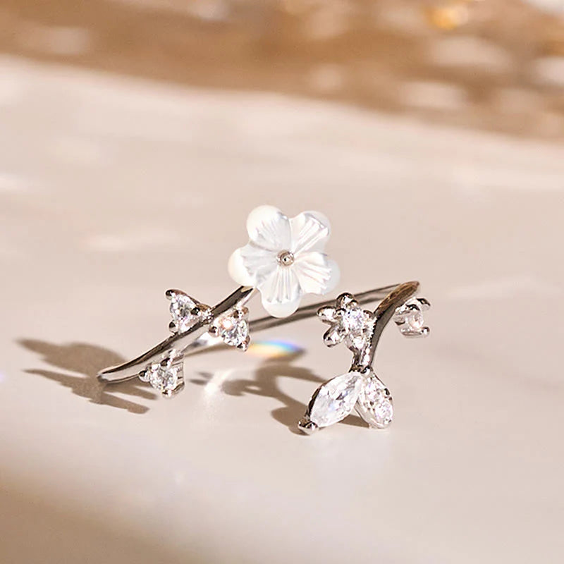 Buddha Stones 925 Sterling Silver White Flower Design Adjustable Blessing Ring