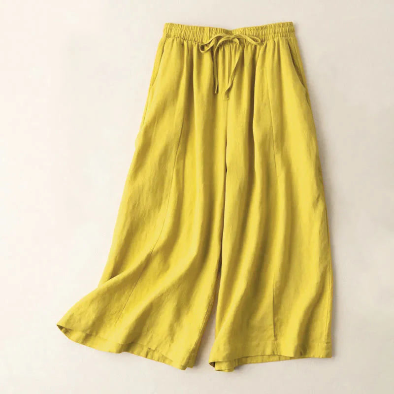 Buddha Stones Plain Color 7-8 Length Capri Cropped Pants Cotton Linen Women's Wide Leg Pants With Pockets