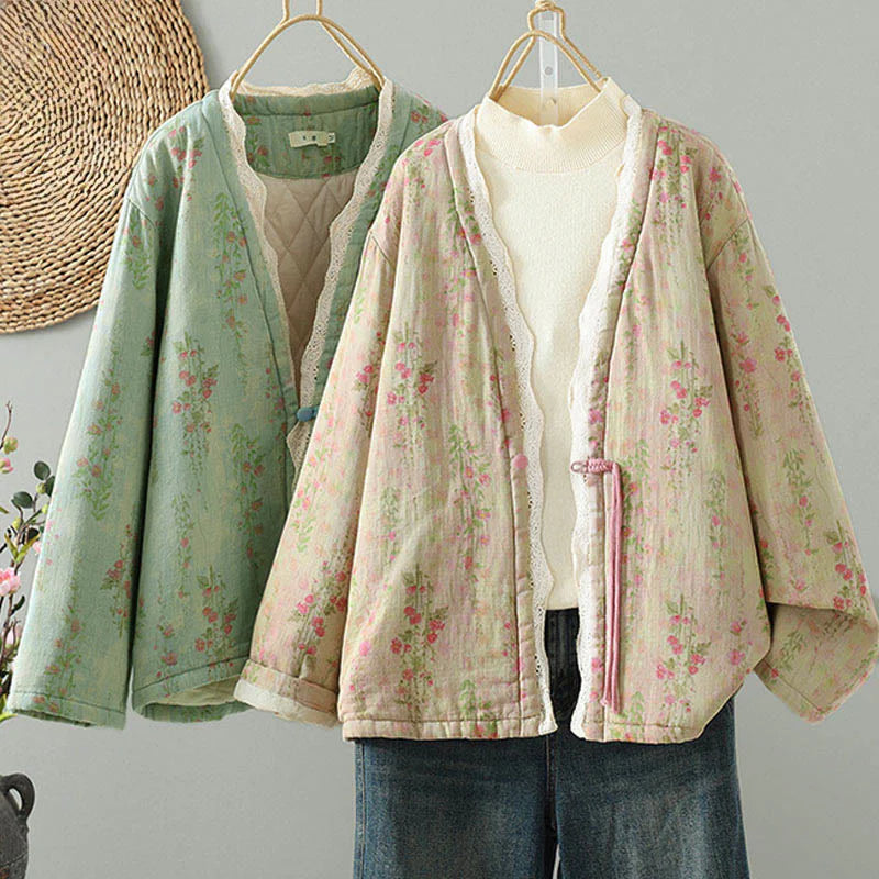 Buddha Stones Winter Lace Patchwork Long Sleeve Cotton Women's Thermal Jacket With Pockets