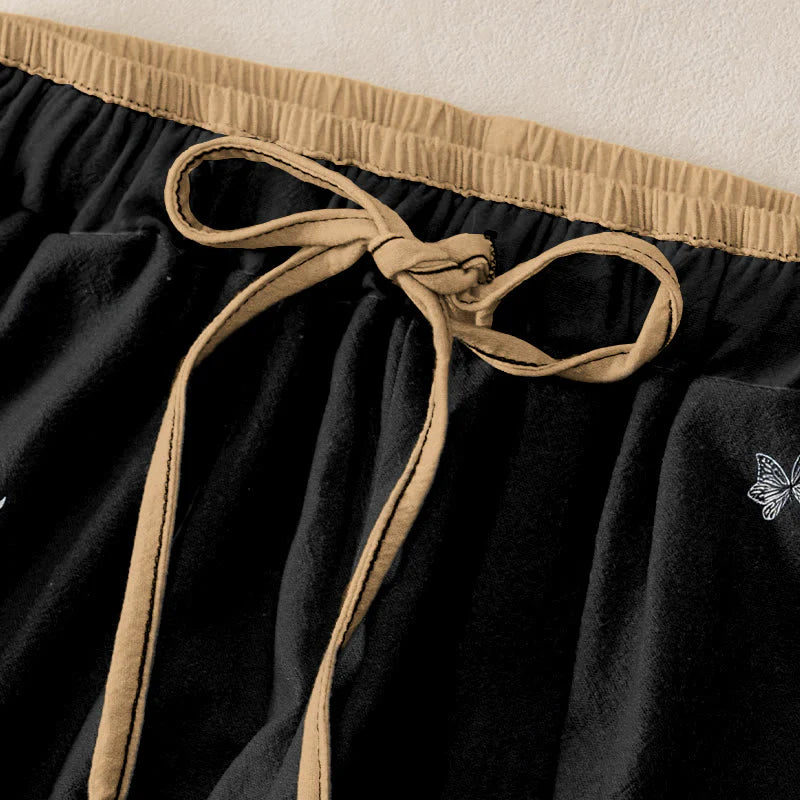 Buddha Stones Pure Cotton Flower Petal Pattern Women's Elastic Waist Pants With Pockets