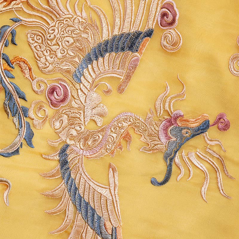 Buddha Stones 100% Mulberry Silk Organza Dress Embroidered Yellow Phoenix Qipao Cheongsam Dress  (Extra 30% Off | USE CODE: FS30)