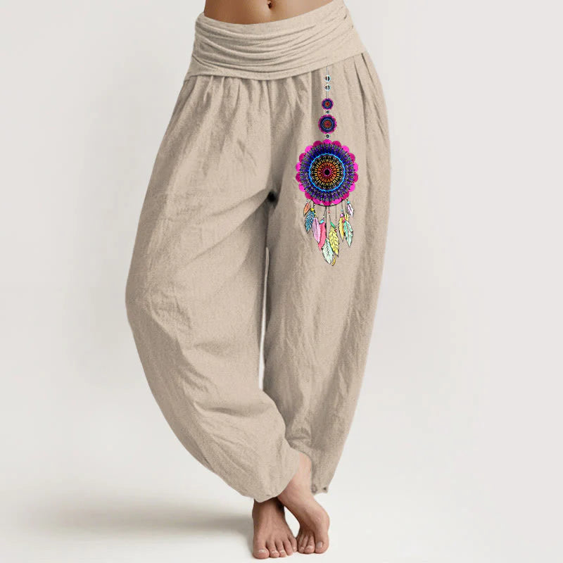Buddha Stones Colorful Dreamcatchers Pattern Pure Cotton Women's Elastic Waist Harem Pants