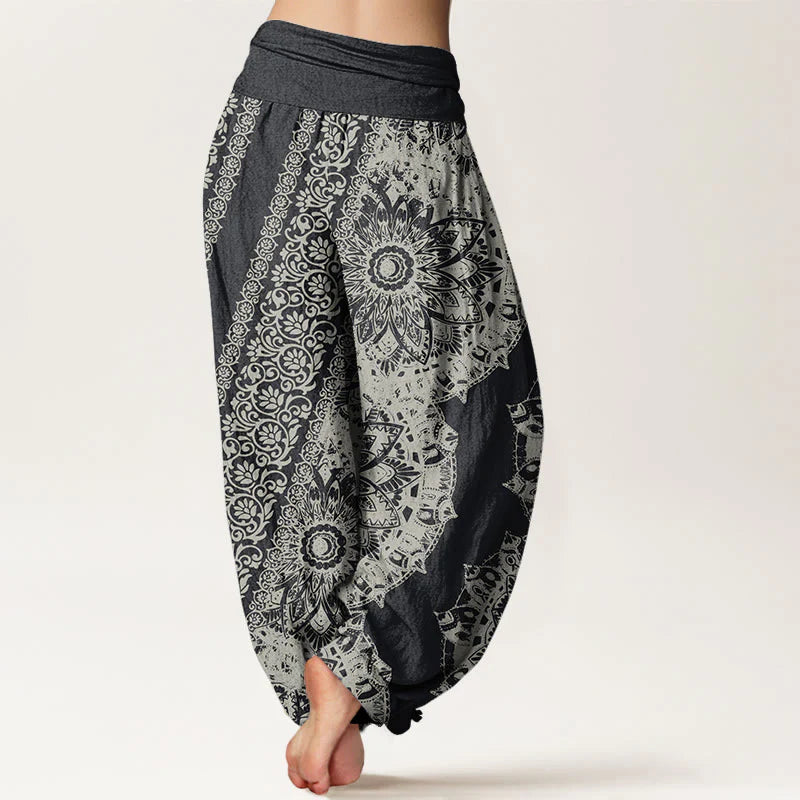 Buddha Stones Cotton Mandala Pattern Parallel Flowers Women's Elastic Waist Harem Pants