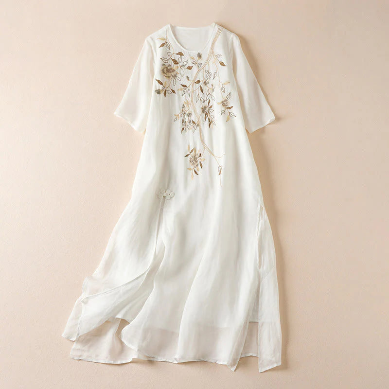 Buddha Stones Embroidered Leaf Crew Neck Half Sleeve Fiber Midi Dress