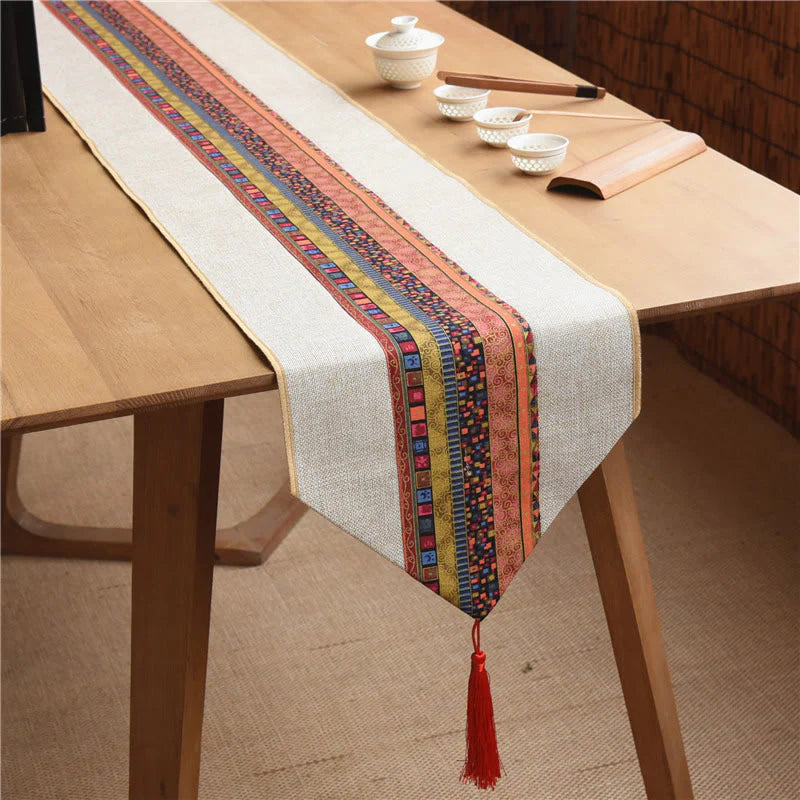 Buddha Stones Classic Chinese Style Lotus Koi Fish Flower Crane Calligraphy Enlightenment Cotton Linen Tassels Table Runner