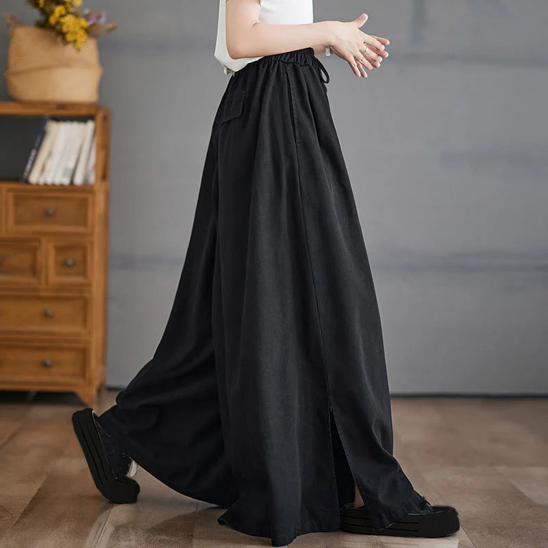 Buddha Stones Retro Leg Opening Slit Design Women's Wide Leg Pants With Pockets