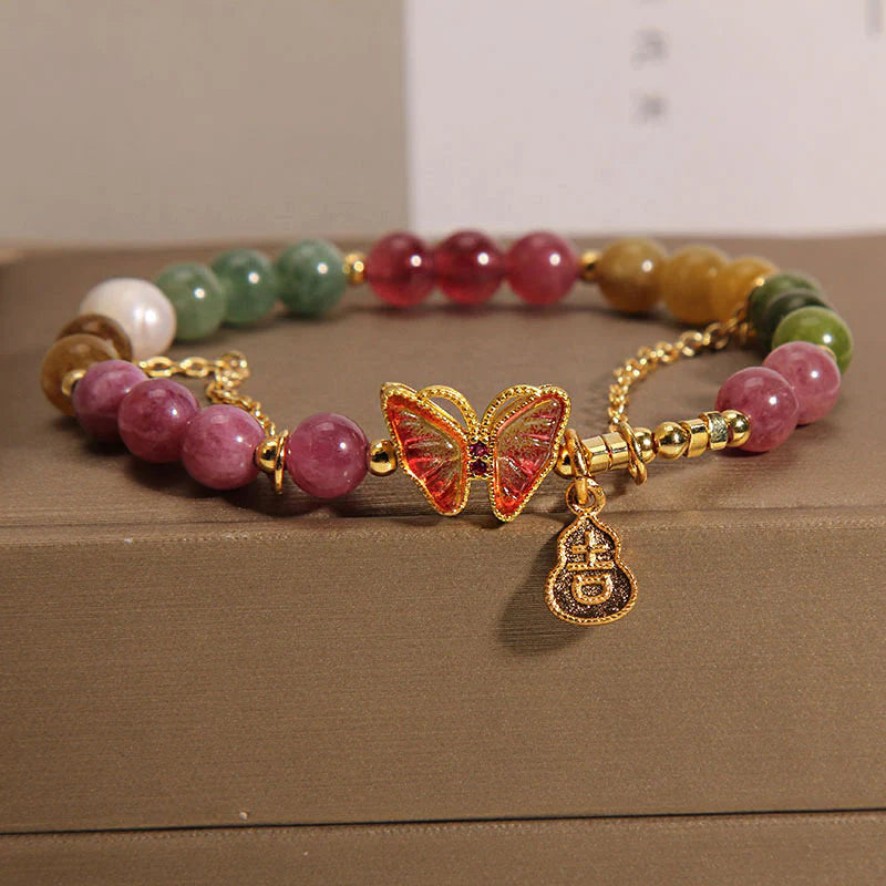 Buddha Stones Natural Colorful Tourmaline Butterfly Auspicious Character Gourd Charm Positive Bracelet (Extra 35% Off | USE CODE: FS35)