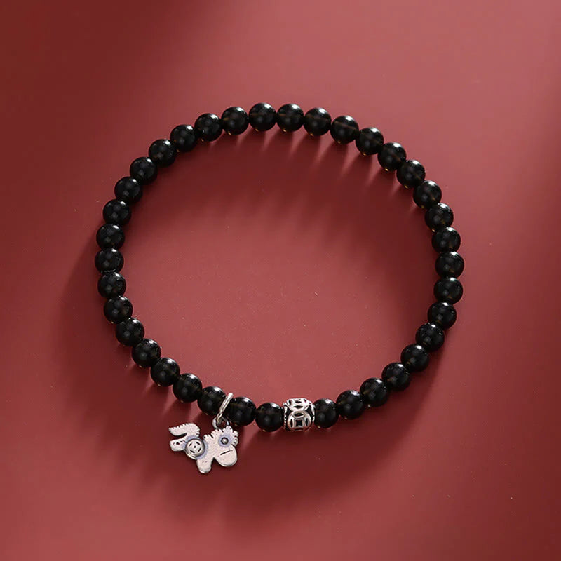Buddha Stones Year Of The Horse 925 Sterling Silver Natural Black Obsidian Strength Bracelet