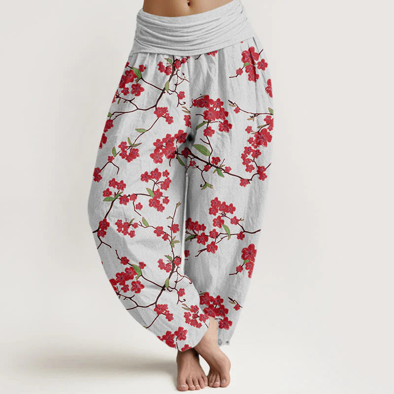 Buddha Stones Cotton Red Peach Blossom Pattern Women's Elastic Waist Harem Pants