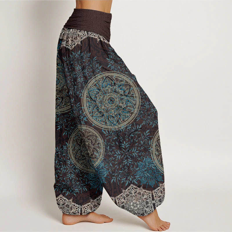 Buddha Stones Cotton Mandala Pattern Leaves Women's Elastic Waist Harem Pants