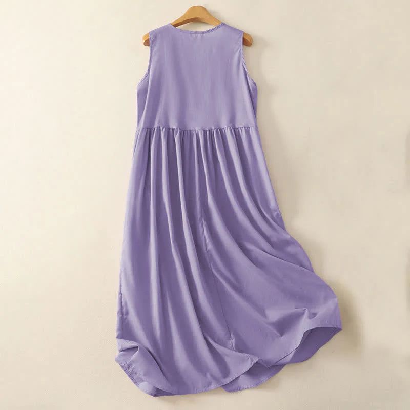 Buddha Stones Summer Pure Color Accordion Pleats Sleeveless Knee Length Dress With Pockets