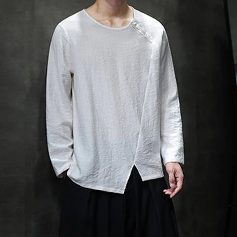 Buddha Stones Solid Color Loose Long Sleeve Round Neck Men's Shirts