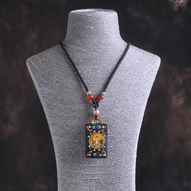 Buddha Stones Thangka Yin Yang Copper Coins Ebony Wood Zakiram Balance Pendant Necklace