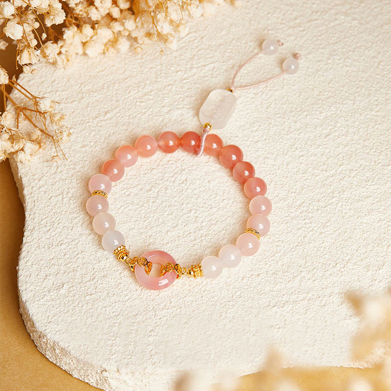 Buddha Stones 925 Sterling Silver Red Agate White Chalcedony Peace Buckle Confidence Bracelet