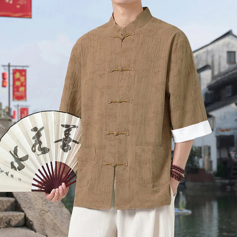 Buddha Stones Summer Crane Pine Tree Pattern Tang Suit Men's Frog-Button Half Sleeve Cotton Shirt With Pockets