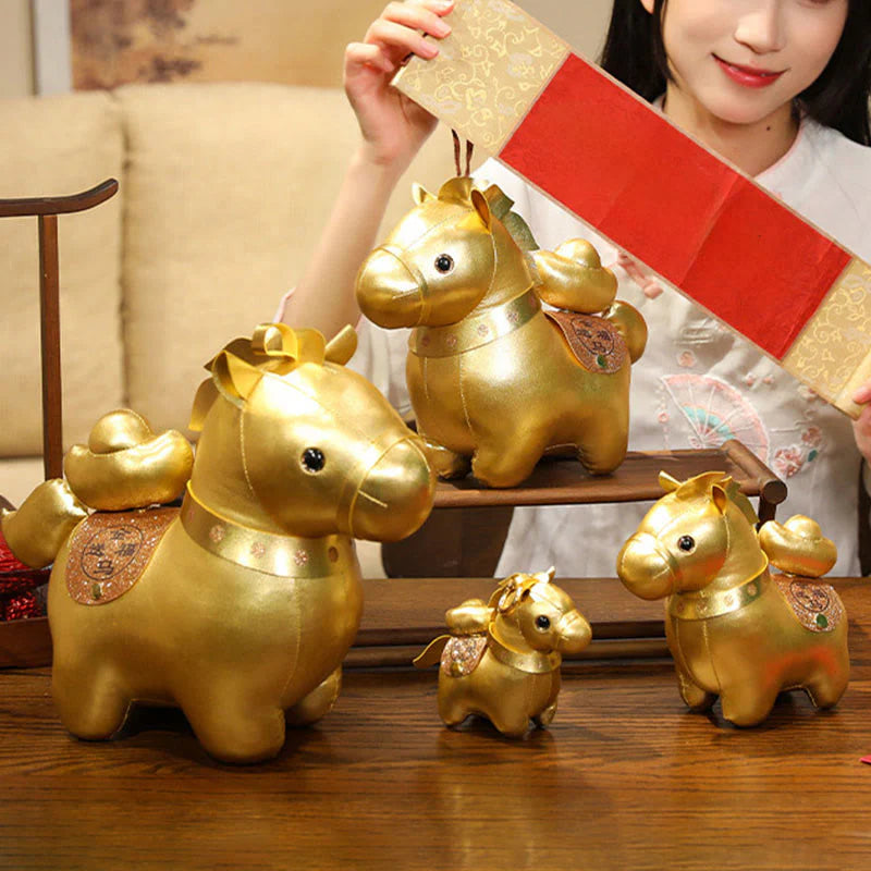 Buddha Stones Year Of The Horse Gold Ingot Cute Pony Doll Prosperity Home Decoration