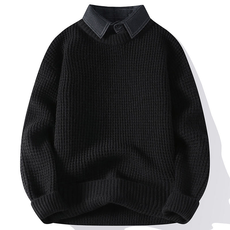 Buddha Stones Winter Black Stand Collar Waffle Pattern Warm Men's Long Sleeve Knitted Sweater